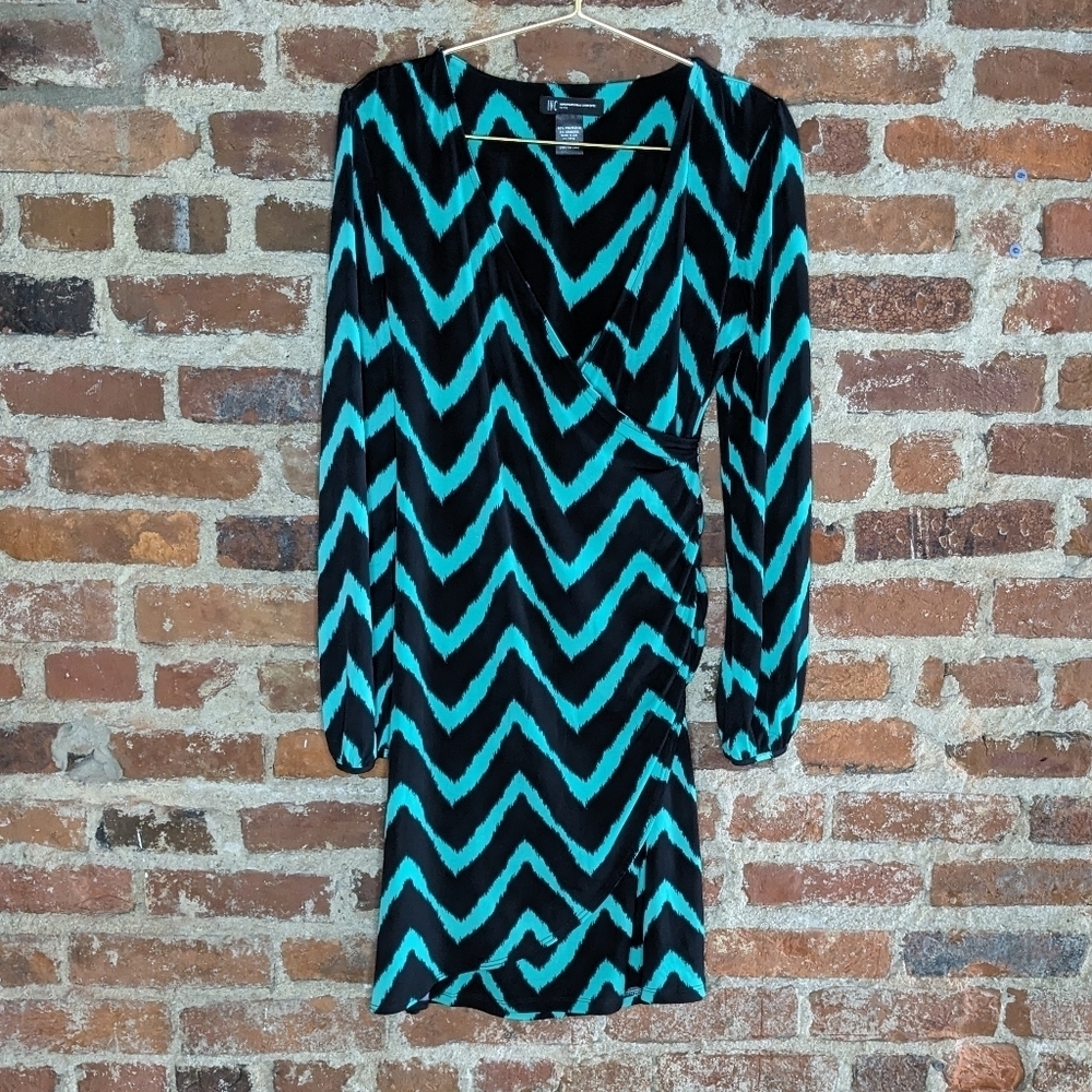 INC International Concepts Petite Medium Black & Green Chevron Dress w/ Ruching